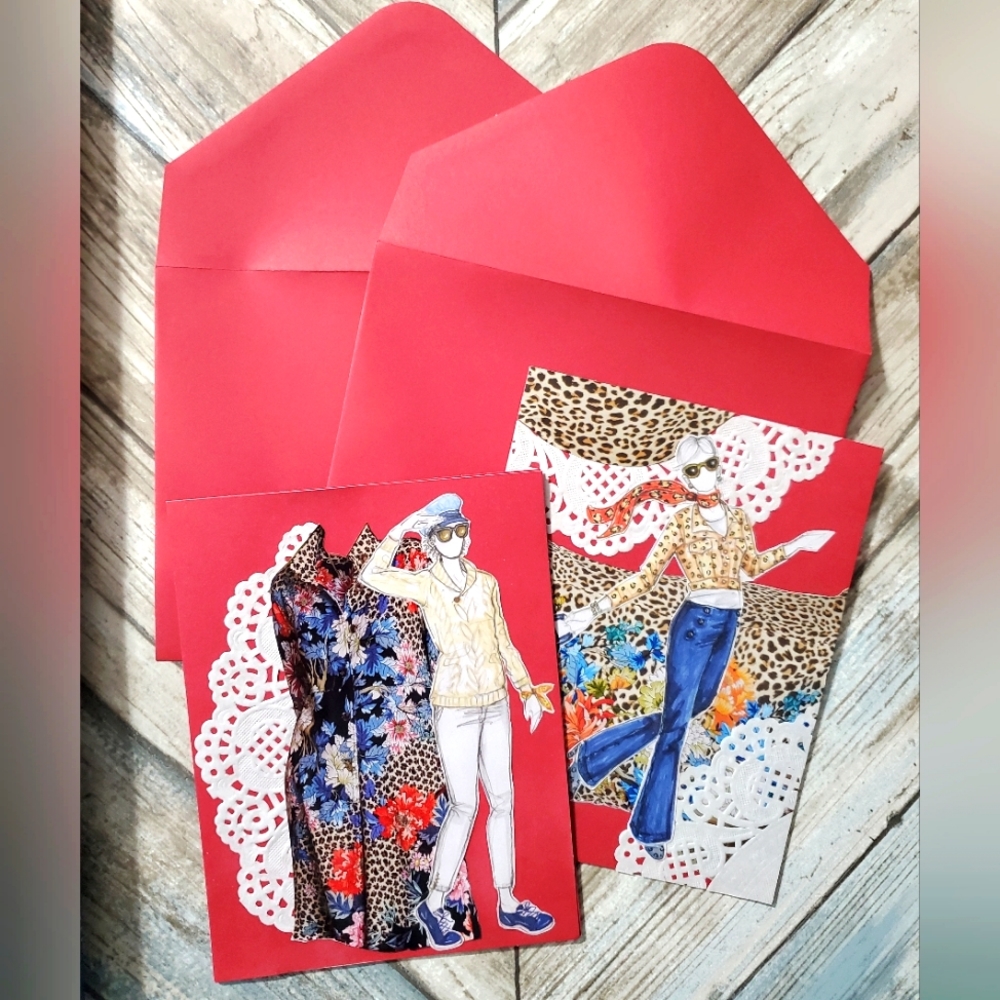 🙏 HAND CRAFTED Set of two notecards red floral animal print fashion